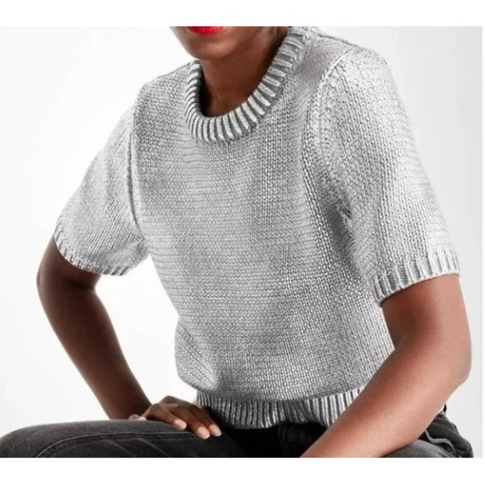 Future Collective Metallic Silver Short Sleeve Chunky Knit Sweater Small